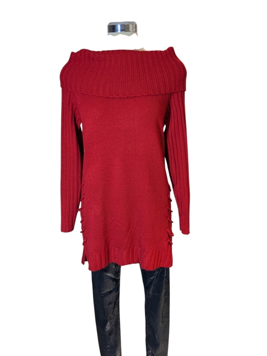 Lily Morgan Sweaters - Off-Shoulder Lace-Up Knit Sweater in Red